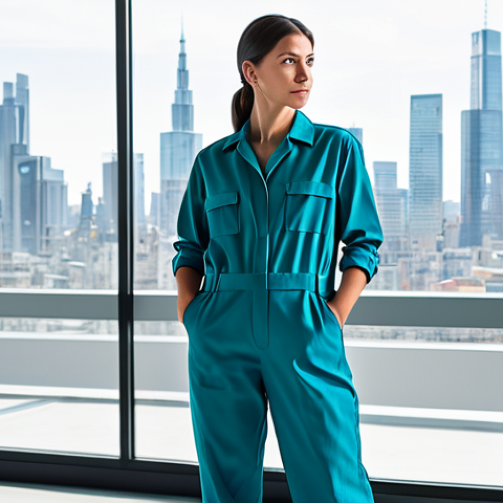 A professional female artist, fully clothed in a modest, practical work jumpsuit, stands thoughtfully in a brightly lit, modern art studio. She is interacting with a transparent holographic display that projects a complex, large-scale mural design, clearly showing intricate details and a vibrant color palette, as if generated with AI assistance. The studio environment is clean and minimalist, with large windows showcasing a distant, contemporary city skyline. The scene emphasizes artistic innovation and technology integration. perfect anatomy, correct proportions, natural pose, well-formed hands, proper finger count, natural body proportions, professional dress, appropriate attire, safe for work, appropriate content, fully clothed, professional photography, high quality.