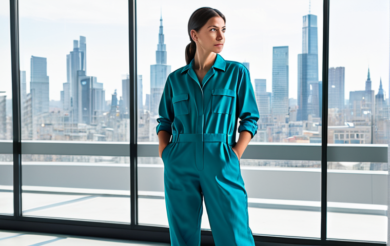 A professional female artist, fully clothed in a modest, practical work jumpsuit, stands thoughtfully in a brightly lit, modern art studio. She is interacting with a transparent holographic display that projects a complex, large-scale mural design, clearly showing intricate details and a vibrant color palette, as if generated with AI assistance. The studio environment is clean and minimalist, with large windows showcasing a distant, contemporary city skyline. The scene emphasizes artistic innovation and technology integration. perfect anatomy, correct proportions, natural pose, well-formed hands, proper finger count, natural body proportions, professional dress, appropriate attire, safe for work, appropriate content, fully clothed, professional photography, high quality.