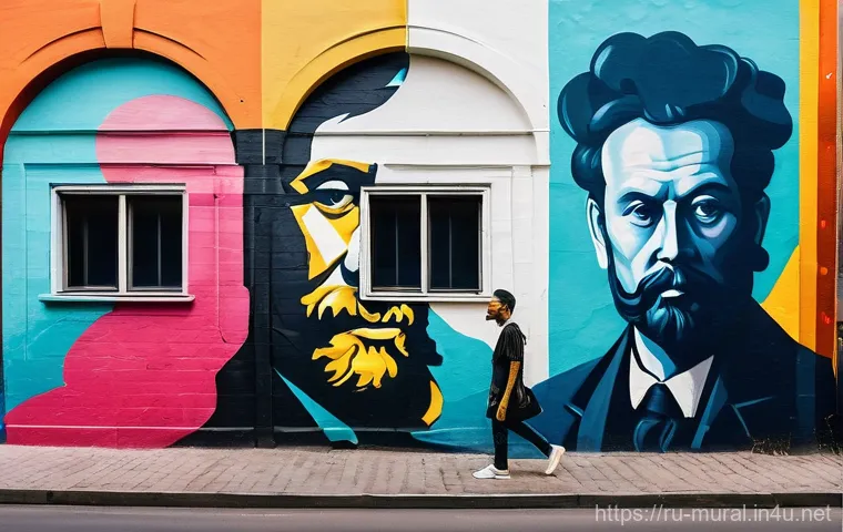벽화와 지역 주민의 관계 - **Prompt:** A vibrant, detailed mural covering a large, formerly grey concrete wall in a historic Mo...