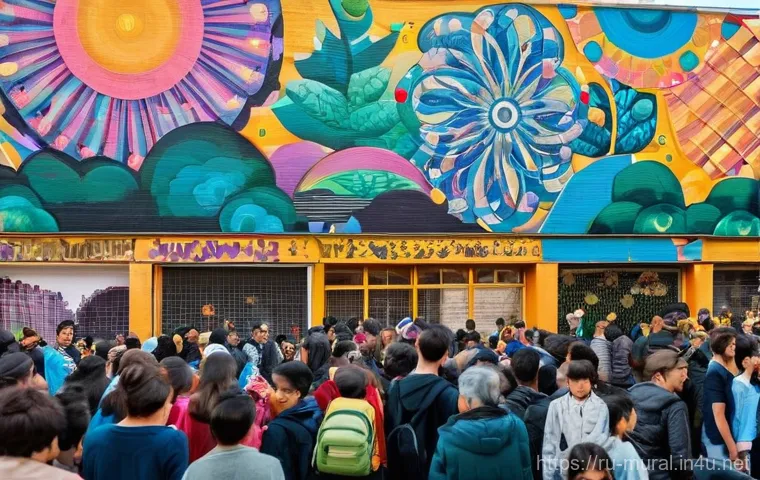 벽화와 지역 주민의 관계 - **Prompt:** A dynamic street art piece on the facade of a building in a slightly gloomy, but now rev...