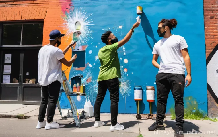 벽화와 청년 예술가들 - A stunning, large-scale mural transforms a previously dull, grey urban building into a vibrant maste... 벽화와 청년 예술가들 - A stunning, large-scale mural transforms a previously dull, grey urban building into a vibrant maste...