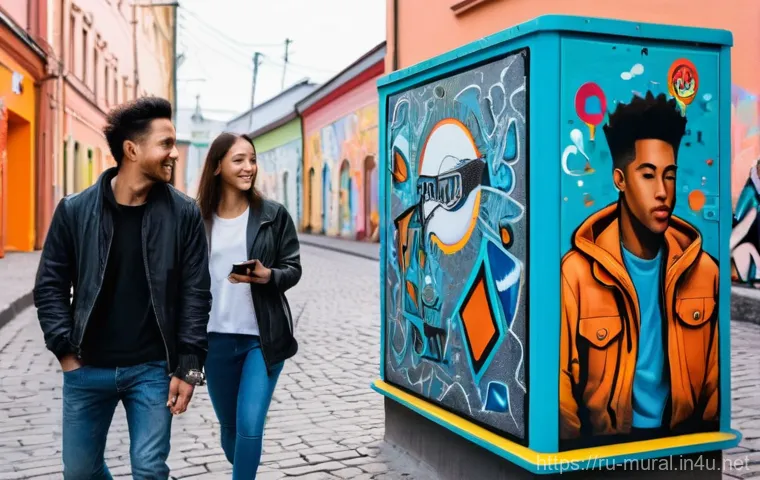 벽화여행과 기념품 - **Prompt:** A dynamic, eye-level shot of a large-scale street art mural being created on a sunny day... 벽화여행과 기념품 - **Prompt:** A dynamic, eye-level shot of a large-scale street art mural being created on a sunny day...