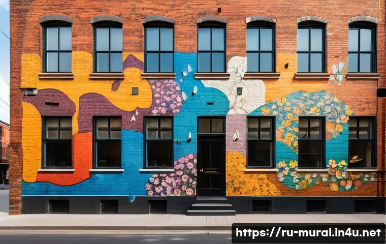 벽화 마을 속의 전통과 현대 - A stunning, large-scale street art mural painted on the side of a weathered, historic brick building...