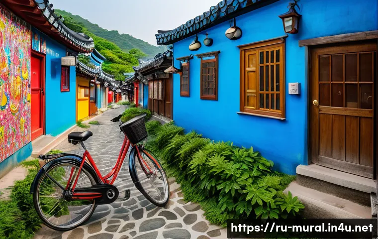 벽화여행 광주 신흥동 벽화마을 - A vibrant, wide-angle shot of a picturesque street in Shinhung-dong Mural Village, Gwangju, South Ko...