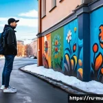 Home 22 벽화여행 안전 수칙 - A peaceful early morning urban street scene in Moscow featuring well-lit walls adorned with vibrant ...