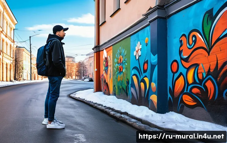 벽화여행 안전 수칙 - A peaceful early morning urban street scene in Moscow featuring well-lit walls adorned with vibrant ...