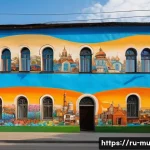 Home 20 벽화여행과 관광산업의 상관관계 - A vibrant urban street scene in a Russian city featuring large-scale mural art on building walls, de...