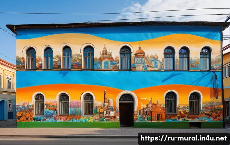 벽화여행과 관광산업의 상관관계 - A vibrant urban street scene in a Russian city featuring large-scale mural art on building walls, de...