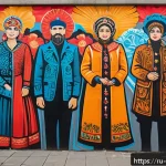 Home 19 벽화와 타지역 벽화 비교 - A vibrant Moscow street mural featuring intricate stencil techniques and layered acrylic paints, sho...