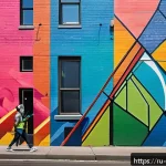 Home 18 벽화작업 참여하기 - A vibrant urban mural scene showing a street artist at work on a large, smooth brick wall in a busy ...