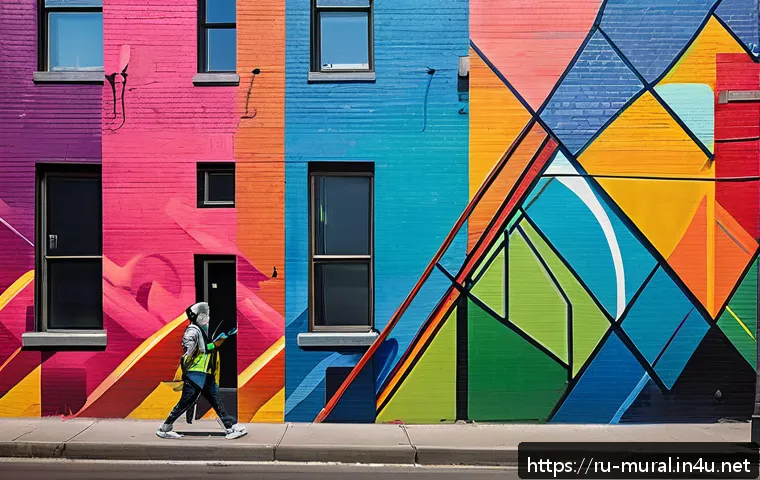 벽화작업 참여하기 - A vibrant urban mural scene showing a street artist at work on a large, smooth brick wall in a busy ...