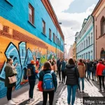 Home 23 벽화여행의 오프라인과 온라인 마케팅 - A vibrant street art tour scene in Moscow’s Arbat district, showcasing colorful graffiti murals on h...
