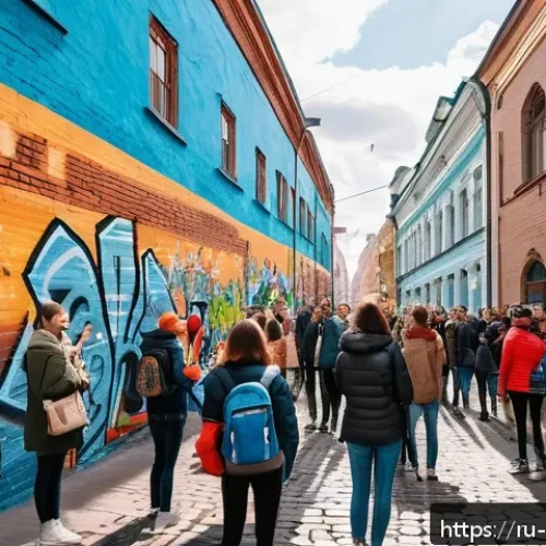 Home 17 벽화여행의 오프라인과 온라인 마케팅 - A vibrant street art tour scene in Moscow’s Arbat district, showcasing colorful graffiti murals on h...