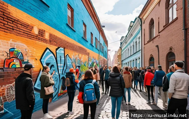 벽화여행의 오프라인과 온라인 마케팅 - A vibrant street art tour scene in Moscow’s Arbat district, showcasing colorful graffiti murals on h...
